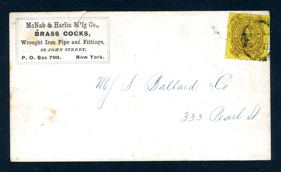 Boyd's City Express, Scott 20L34, 2c Brown on Yellow Glazed on Advertising Cover (Est $75-125)