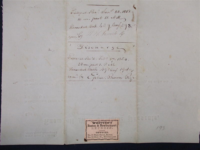 Whitten's Express Label on Mortgage Deed, 1851 (Est $120-150)