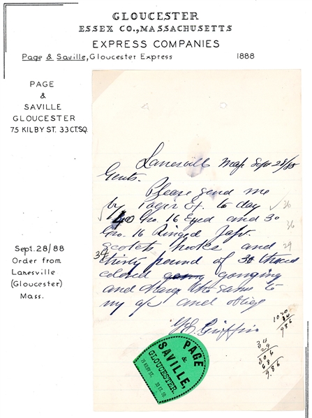 Page & Saville Express Label on Merchandise order, 1882 (Est $90-120)