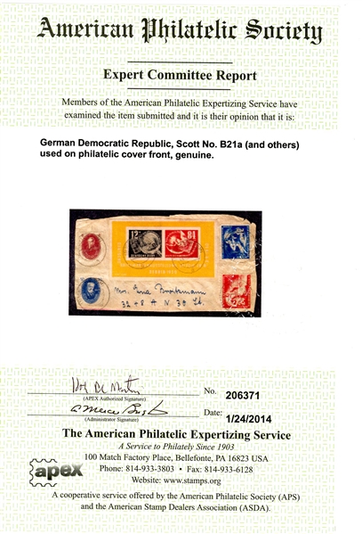 GDR DDR Scott B21a Used on Cover Front with 2014 APS Cert (SCV $110)