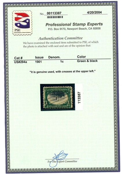 USA Scott 294a Used Fine, 1c PanAm INVERT w/2004 PSE Cert (SCV $25,000) 