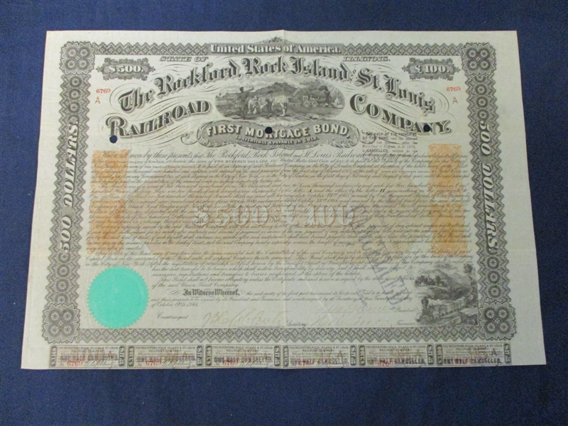 USA Scott RN-P5 (X3) and RN-T4 Revenue on 1868 Railroad Mortgage Bond (Est $250-300)