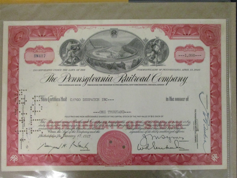 1962 Pennsylvania Railroad Stock Certificate with Several Revenues (Est $100-150)