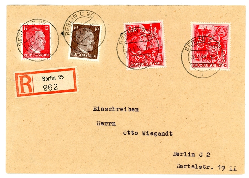 Germany B292-B293 on Registered Cover, Cancelled 4/20/1945 (Est $200-250)
