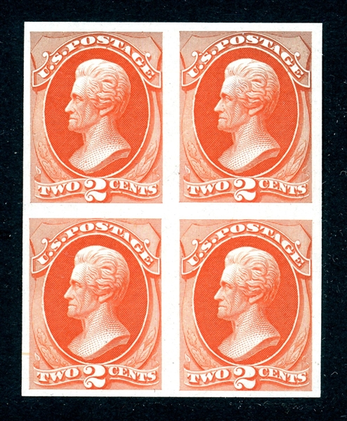 USA Scott 183P3 Plate Proof Block of 4, 2¢ Vermilion Jackson (SCV $160)