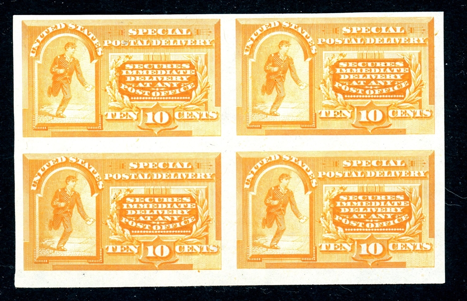 USA Scott E3P3 10¢ Light Orange Plate Proof, Block of 4, VF-XF (SCV $325)
