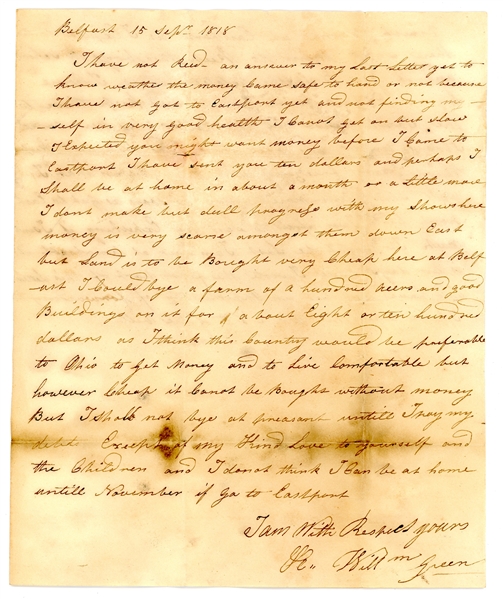 Maine, 1818 Bucksport District of Maine Folded Letter (Est $200-300)
