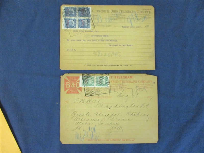 Baltimore & Ohio (B&O) Telegrams, Stamps Tied (Est $120-150)