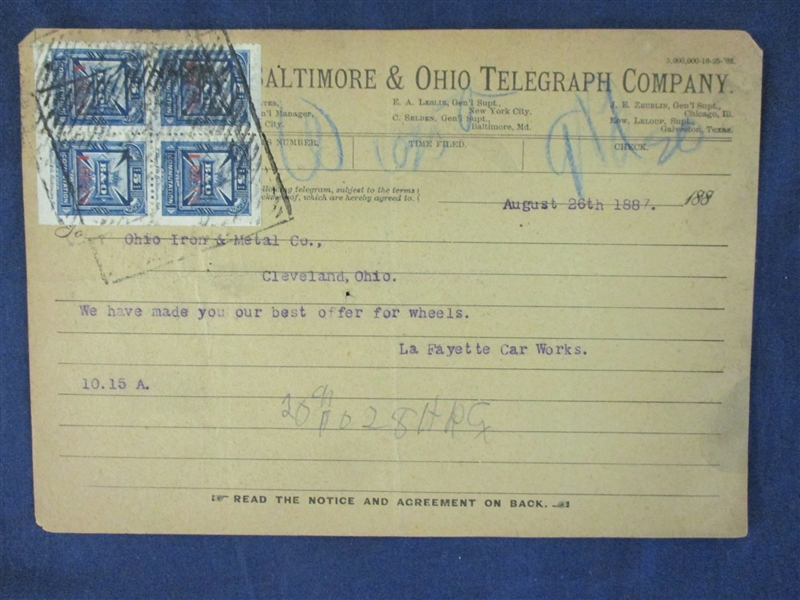 Baltimore & Ohio (B&O) Telegrams, Stamps Tied (Est $120-150)