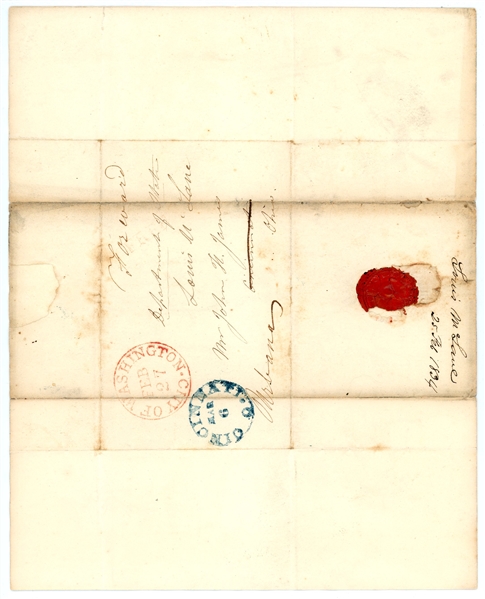 Department of State Louis McLane Stampless Folded Letter, 1834 (Est $120-150)