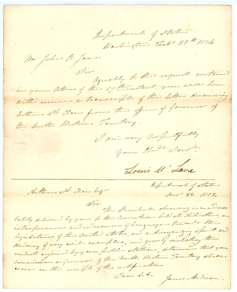 Department of State Louis McLane Stampless Folded Letter, 1834 (Est $120-150)
