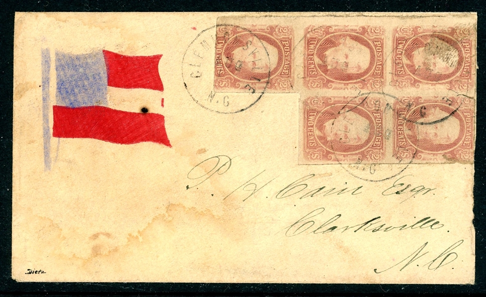 Confederate States Scott 8 Block of 5 Used on Cover (Est $2000-3000)