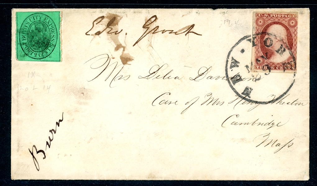 Boyd's City Express, Scott 20L14, 2c Black on Green Glazed on Cover (Est $100-200)