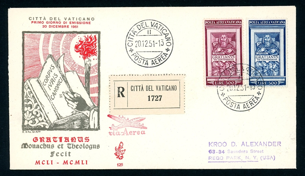 Vatican City Scott C20-C21 Complete Set on First Day Cover, 1951 Gratianus (Est $200-300)