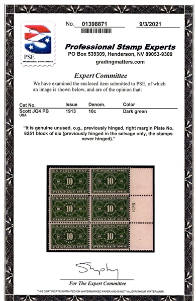 USA Scott JQ4 Plate Block of 6, Fine with 2021 PSE Cert (SCV $7500)