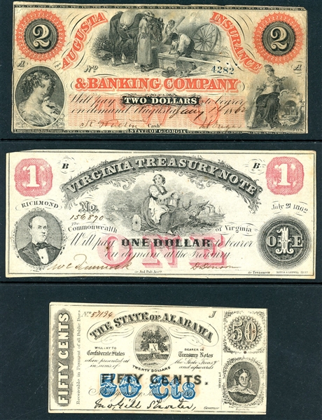 3 Different Obsolete Notes - Confederate Era (Est $90-120)