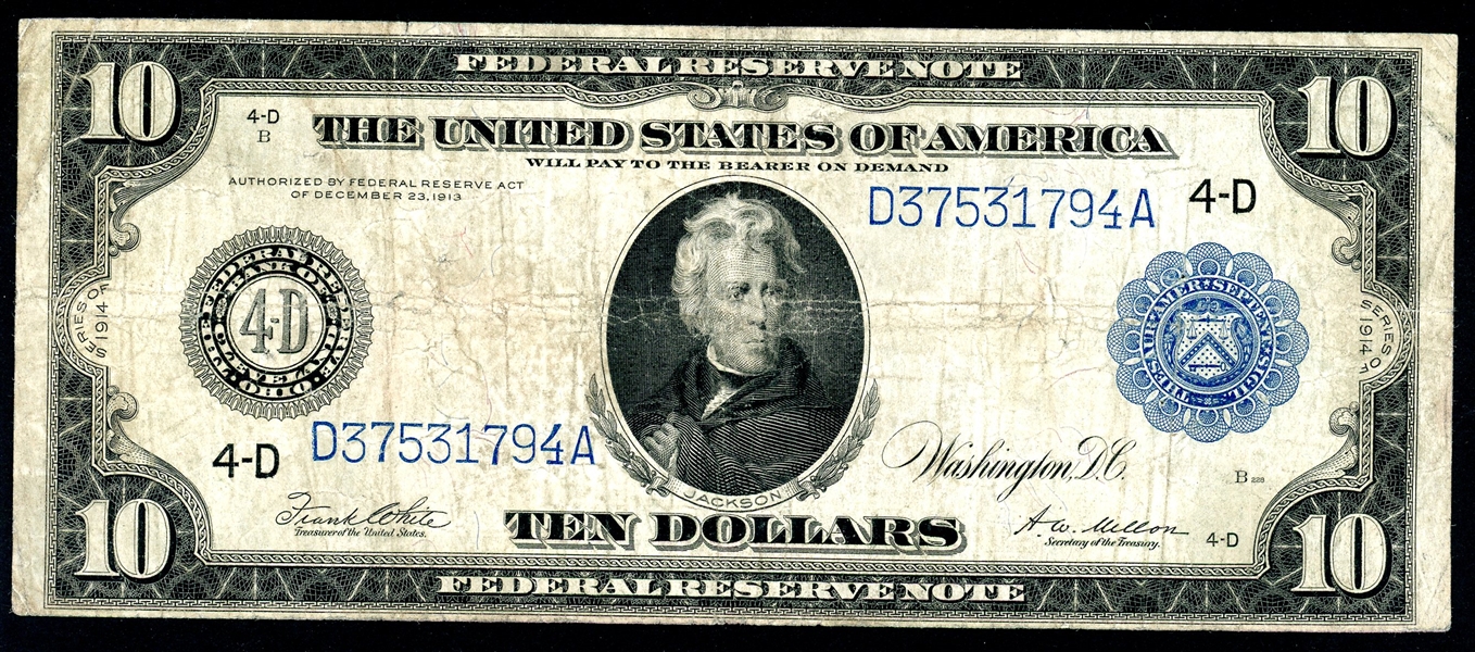 Large 1914 $10 Bill Federal Reserve Note (Est $75-100)