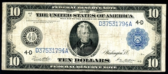 Large 1914 $10 Bill Federal Reserve Note (Est $75-100)