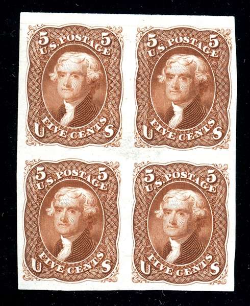 USA Scott 76P3 Plate Proof on India Paper Block/4, 5c Jefferson (SCV $225)