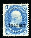 USA Scott 63SB 1c Blue, Type B Specimen Overprint (SCV $200)