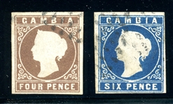 Gambia Scott 1-2 Used, 1869 QV Issues (SCV $450)