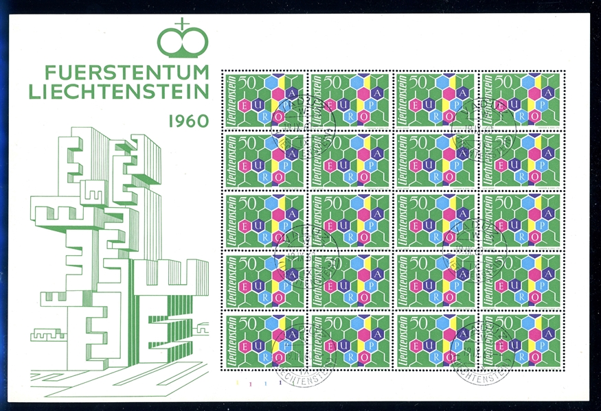 Liechtenstein Scott 356 Complete Sheet FD Cancels, 1960 Europa (SCV $600) 