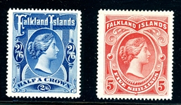 Falkland Islands Scott 20-21 MHR Complete Set - 1898 QV High Values (SCV $550)