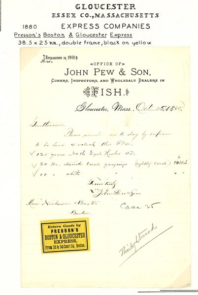 Presson's Express Label on Merchandise order, 1880 (Est $75-100)