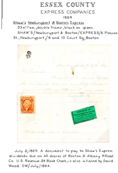 Shaw's Newburyport & Boston Express Label on Dividend Request with Revenue, 1869 (Est $75-100)