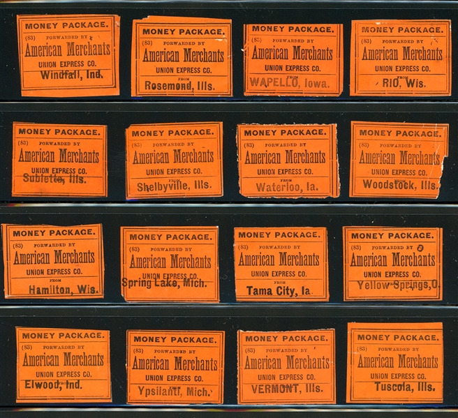 American Merchants Union Express Co MONEY PACKAGE Labels, Mosher Listed (Est $150-250)