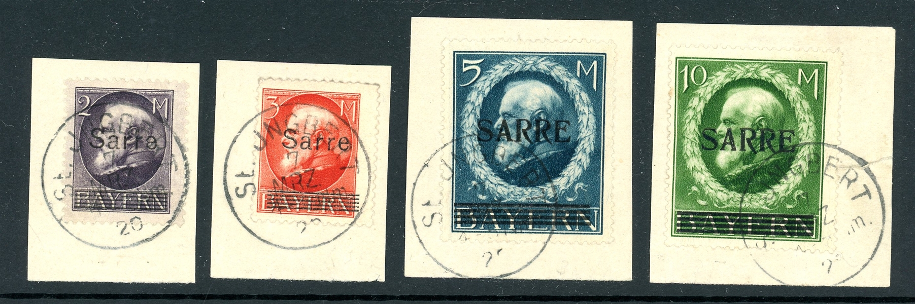 Saar Scott 36-39 Used on Pieces, 1920 Overprints, 1953 SPA Certs (SCV $1425)