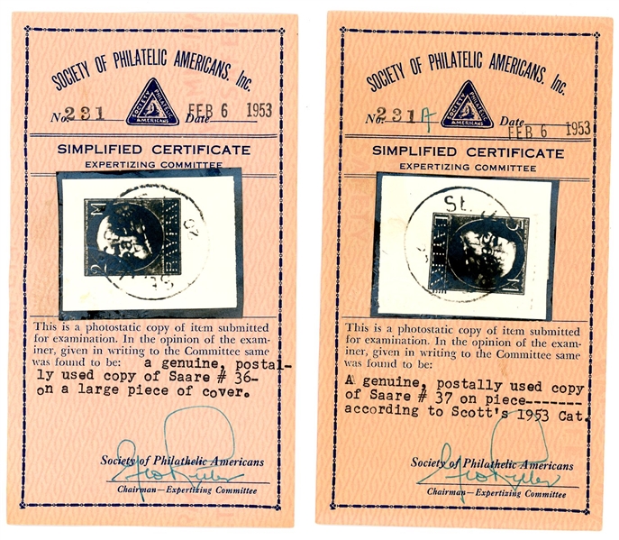 Saar Scott 36-39 Used on Pieces, 1920 Overprints, 1953 SPA Certs (SCV $1425)