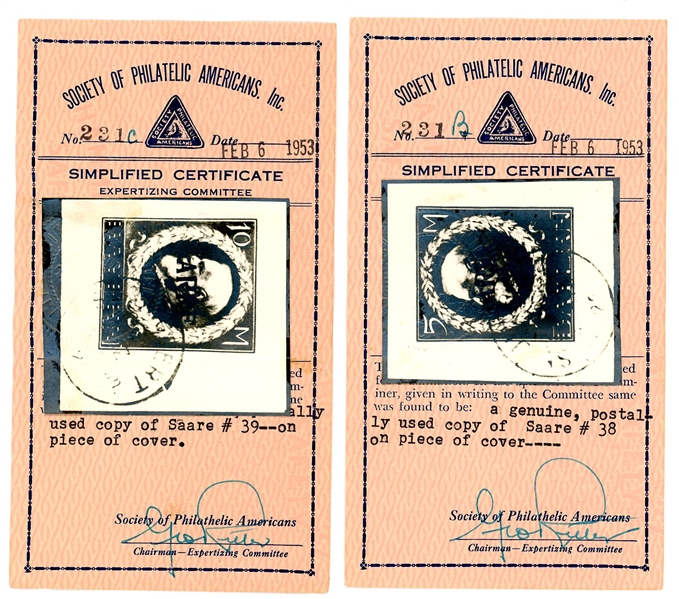 Saar Scott 36-39 Used on Pieces, 1920 Overprints, 1953 SPA Certs (SCV $1425)