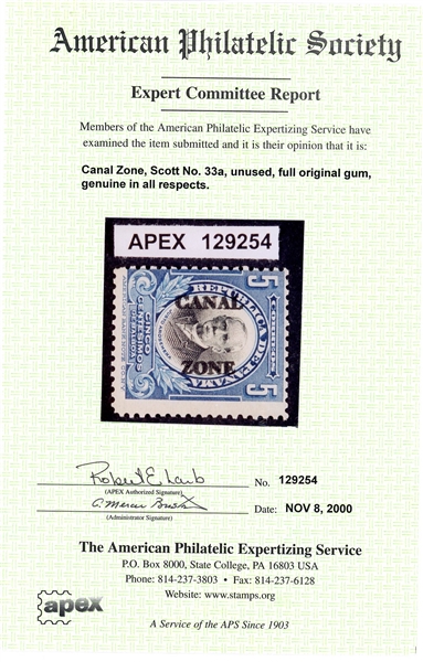 Canal Zone Scott 33a Unused Fine, Double Overprint, 2000 APS Cert (SCV $375)