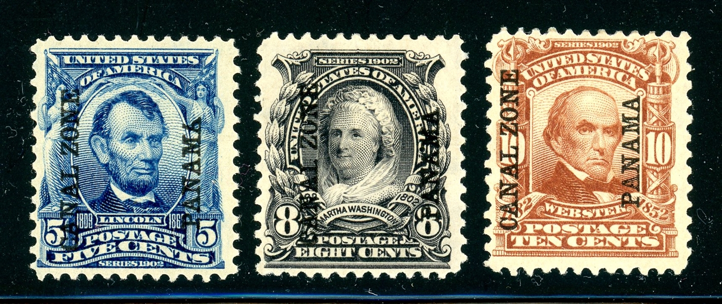 Canal Zone Scott 6-8 MH Fine, 1904 Overprints (SCV $335)