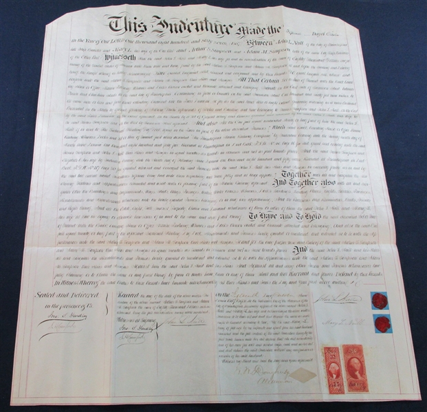 USA Scott R89c, R100c on 1867 Large Vellum Deed (Est $100-150)