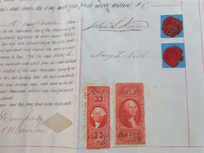 USA Scott R89c, R100c on 1867 Large Vellum Deed (Est $100-150)