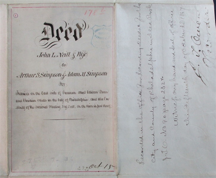 USA Scott R89c, R100c on 1867 Large Vellum Deed (Est $100-150)