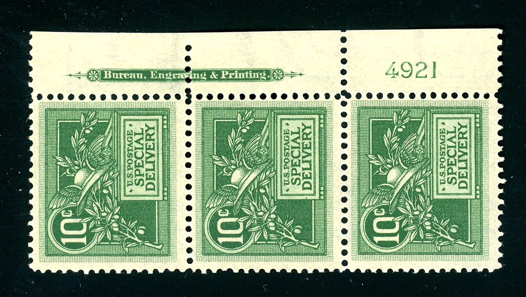 USA Scott E7 MNH Plate # Strip/3, 1908 10¢ Helmet of Mercury (SCV $500)