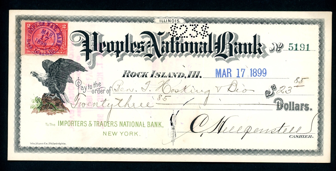 USA Scott R164 on Peoples National Bank Check, 1899 (Est $50-100)