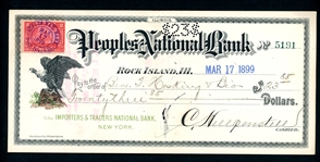 USA Scott R164 on Peoples National Bank Check, 1899 (Est $50-100)