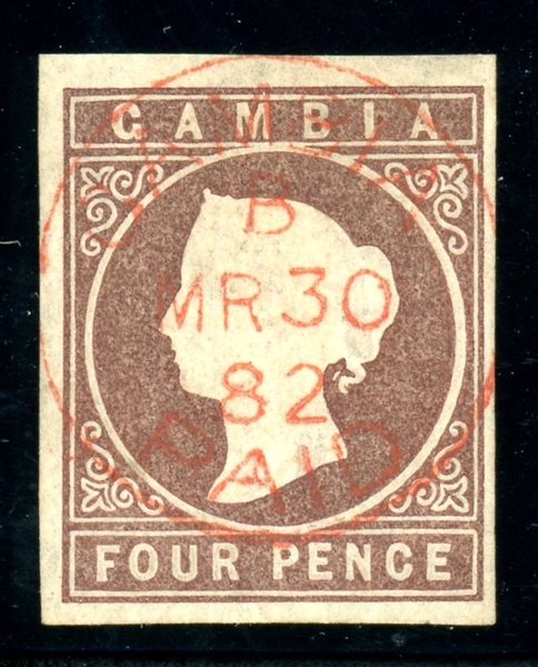 Gambia Scott 3 Used, F-VF, 4p Imperf (SCV $200)