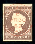 Gambia Scott 3 Used, F-VF, 4p Imperf (SCV $200)