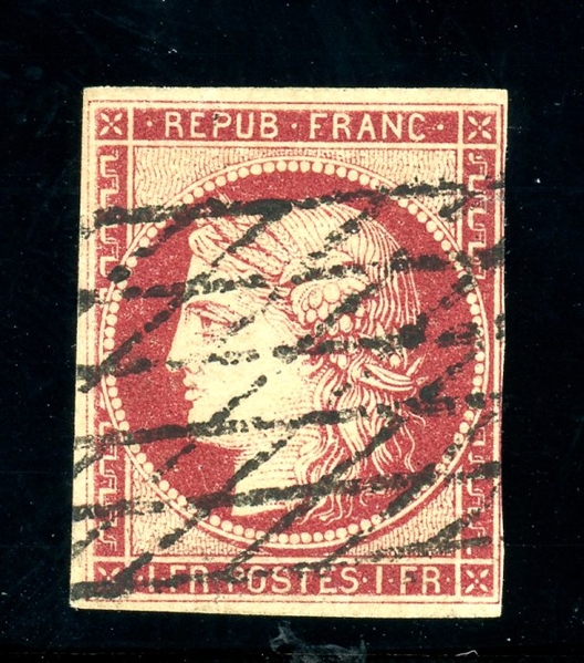 France Scott 9c Used, Fine+, 1Fr Dark Carmine, 1978 Calves Cert (SCV $1075)