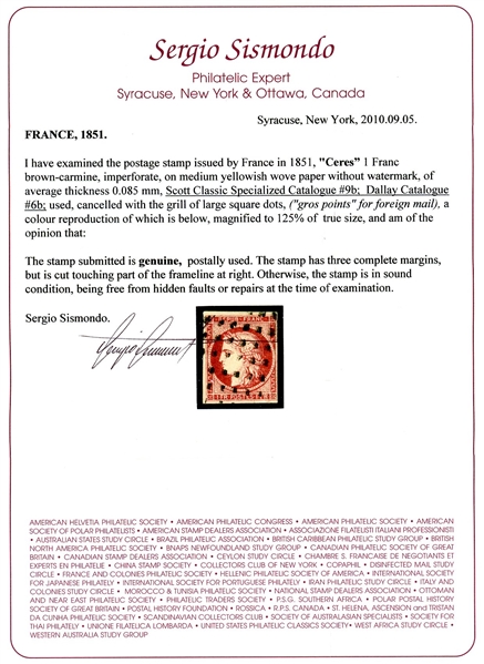 France Scott 9b Used, Fine, 1Fr Brown Carmine, 2010 Sismondo Cert (SCV $800)
