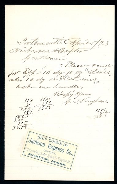 Jackson Express Co. Express Label on Merchandise Order, 1893 (Est $60-90)