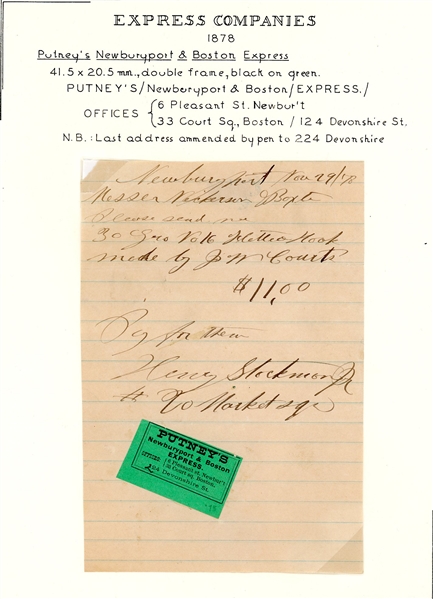 Putney's Express Co. Express Label on Merchandise Order, 1878 (Est $75-100)