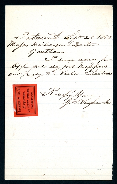 Jackson and Co.'s Express Co. Express Label on Merchandise Order, 1880 (Est $60-90)