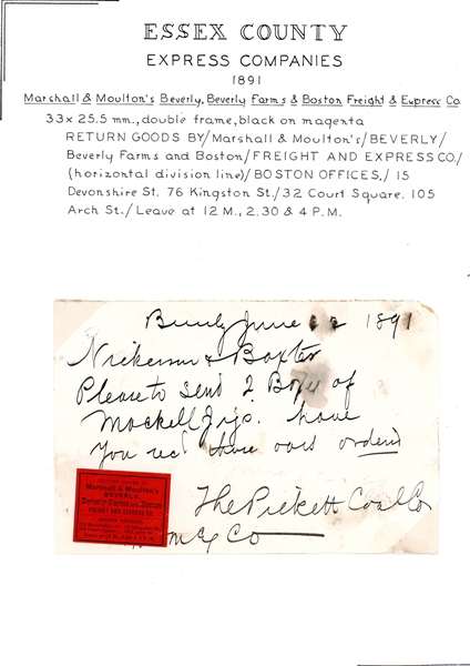 Marshall & Moulton's Express Label on Merchandise Order, 1891 (Est $60-90)