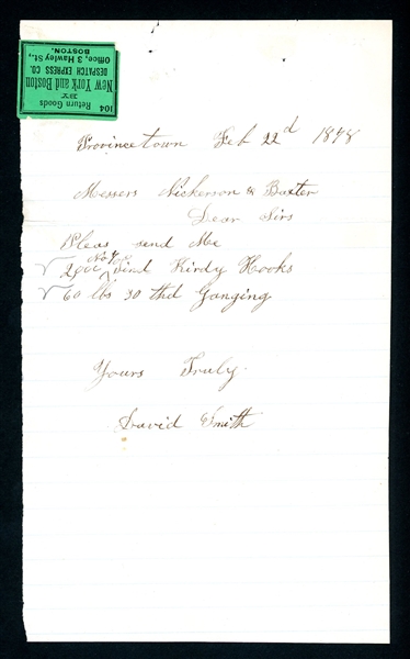 New York and Boston Despatch Express Label on Merchandise Order, 1878 (Est $60-90)